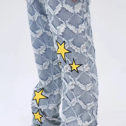 Y2K Star Embroidery Plaid Stacked Jeans Pants for Men Straight Women Hip Hop Denim Trousers Pantalon Homme Street Raw Edge Pant Street King Limited