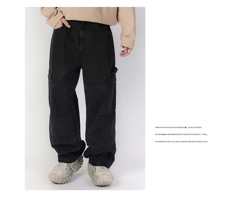 men american streetwear fashion loose casual hip hop wide leg black denim baggy jeans pants man y2k cargo jeans trousers unique cargo style 2231