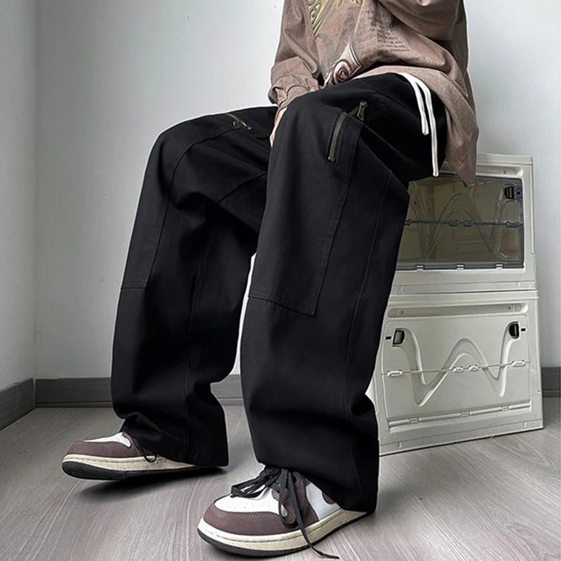 new korean fashion cargo straight pants for men autumn casual zipper pocket drawstring trousers classic tactical y2k pantalones 1 unique cargo style 232