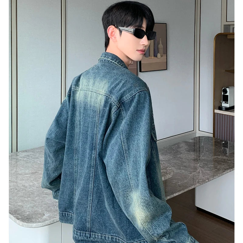 2024 trend mens denim jackets vintage washed design multiple pockets cowboy coats loose shoulder padded cardigan male spring unique jeans style 4049