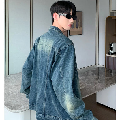 2024 trend mens denim jackets vintage washed design multiple pockets cowboy coats loose shoulder padded cardigan male spring unique jeans style 4049