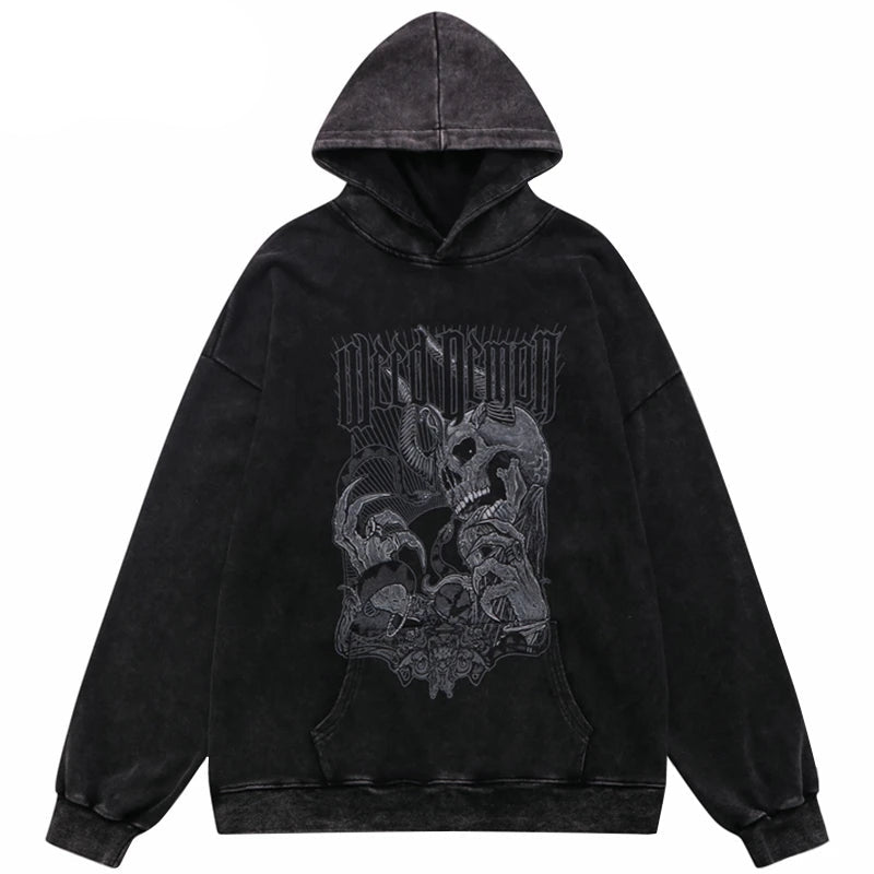 Hip Hop Streetwear Hoodie Sweatshirt Washed Vintage Devil Skull Skeleton Graphic Cotton Men Hooded Pullover Retro Punk Hoodie Street King Limited