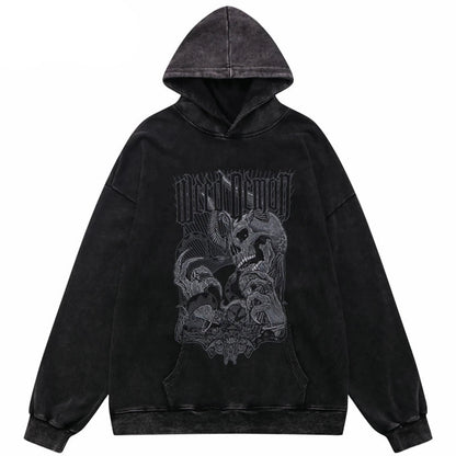 Hip Hop Streetwear Hoodie Sweatshirt Washed Vintage Devil Skull Skeleton Graphic Cotton Men Hooded Pullover Retro Punk Hoodie Street King Limited