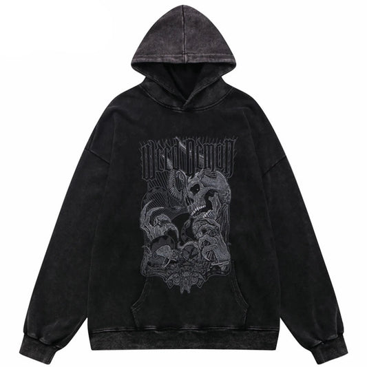 Hip Hop Streetwear Hoodie Sweatshirt Washed Vintage Devil Skull Skeleton Graphic Cotton Men Hooded Pullover Retro Punk Hoodie Street King Limited