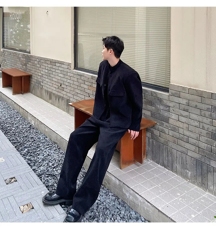 men 2 pieces sets corduroy short jacket wide leg pant suits korean streetwear fashion loose casual retro coat baggy trousers unique shorts style 2701