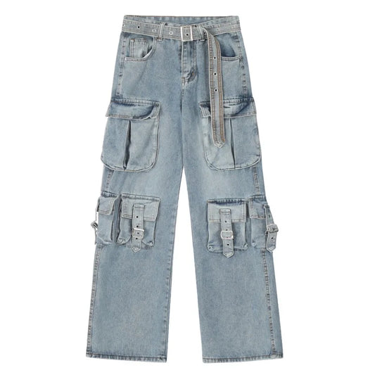 fashion loose streetwear cargo denim jeans unisex casual multi pocket straight jean pants with belt hip hop joggers baggy jeans unique joggers style 2687
