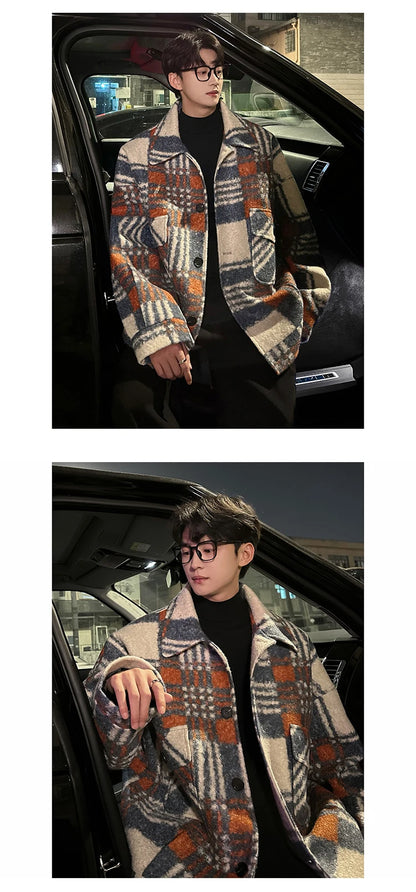 autumn winter campus boy plaid woolen coat men streetwear fashion loose casual retro thick jacket man bomber coat outerwear urban fashion pants