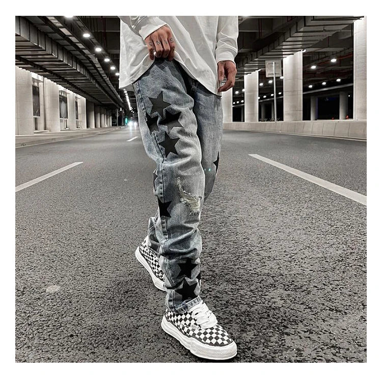 fashion ripped destroied jeans trousers distressed biker jeans with stars high street slim pants joggers denim jeans for men unique joggers style 2249