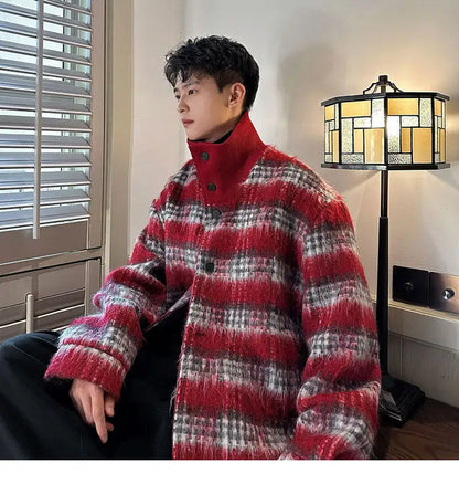 men turtleneck trendy brand fashion stripe christmas woolen bomber jacket women oversize plaid top coat outerwear unique default style 1152