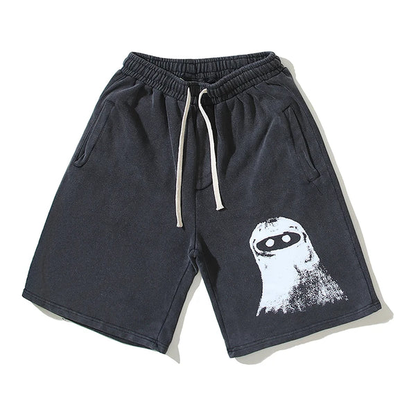 Cartoon Masked Doll Graffiti Washed Terry Summer Shorts for Men and Women Vintage Streetwear Baggy Five Point Pants Oversized Street King Limited