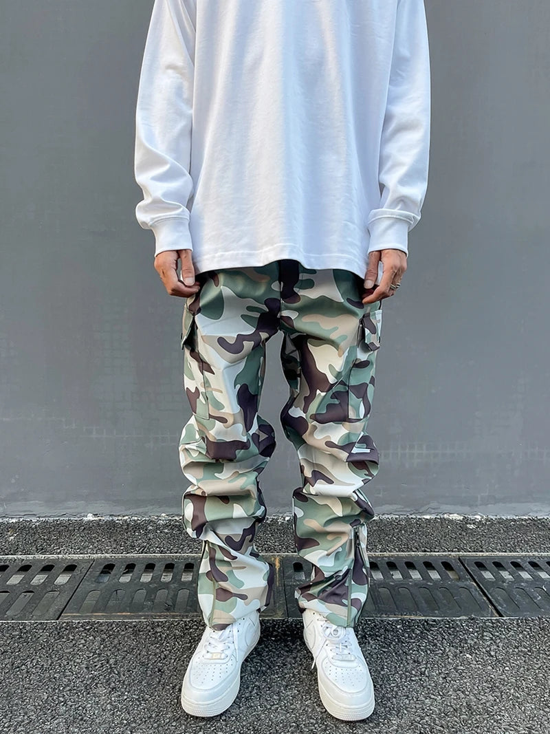 Street Wear Functional Camouflage Cargo Trousers Men Waterproof Pockets Pleated Zip Up Tapered Pants Nylon Belt Men's Clothes Street King Limited
