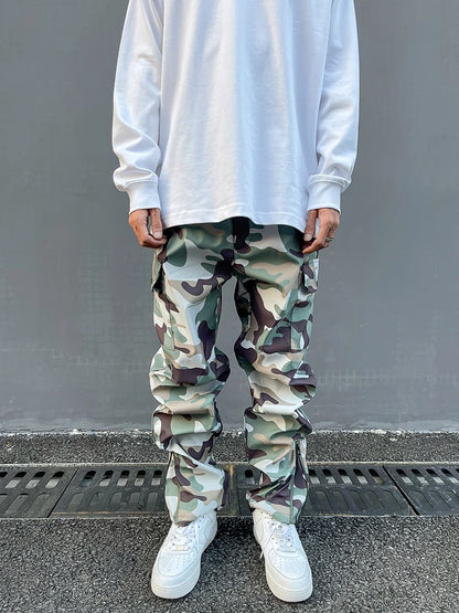 Street Wear Functional Camouflage Cargo Trousers Men Waterproof Pockets Pleated Zip Up Tapered Pants Nylon Belt Men's Clothes Street King Limited