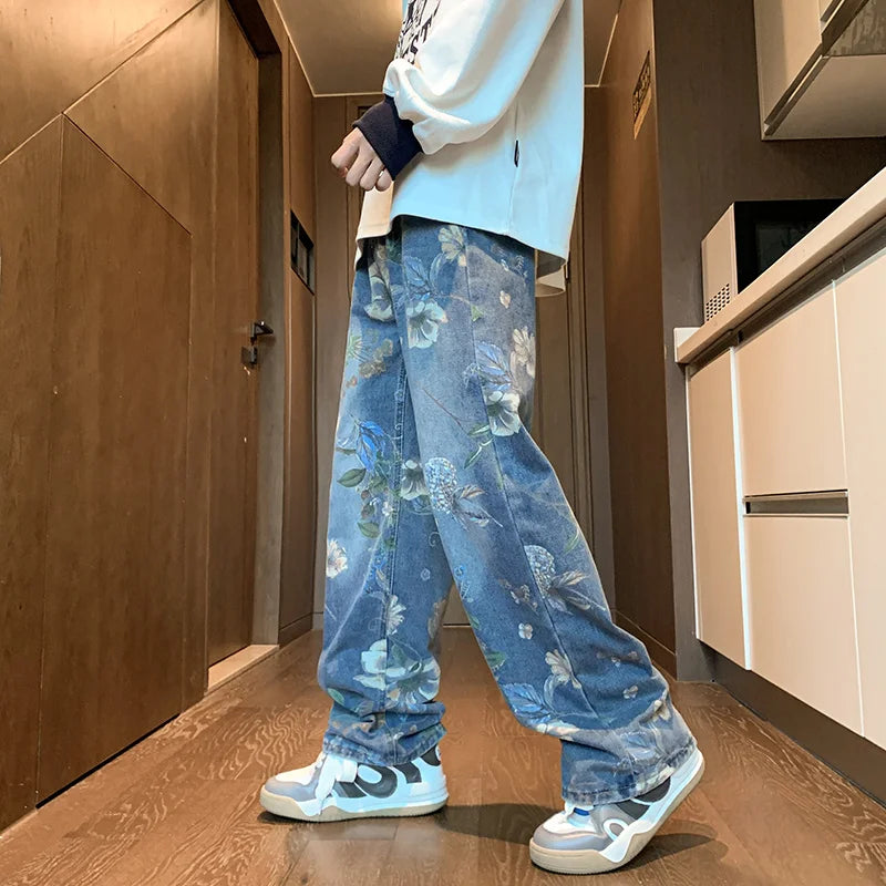 american high street floral printed jeans for men 2024 new y2k vintage denim trousers hip hop fashion wide leg baggy jean pants unique jeans style 395