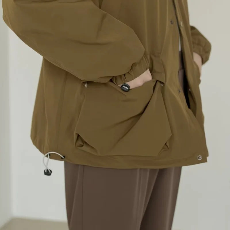 japanese spring jacket mens single breasted stand collar harajuku unisex coats solid big pocket drawstring casual men outwear unique default style 1881