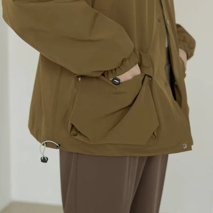 japanese spring jacket mens single breasted stand collar harajuku unisex coats solid big pocket drawstring casual men outwear unique default style 1881