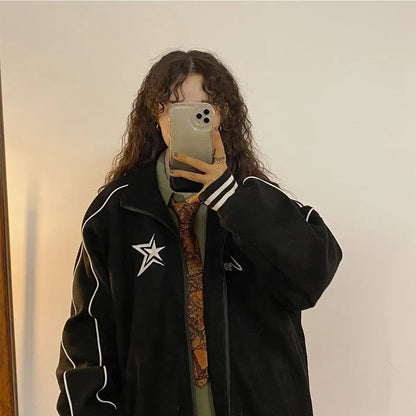 Autumn and winter new Korean star stand collar jacket y2k vintage loose embroidery plush thickened sportswear clothes women Street King Limited