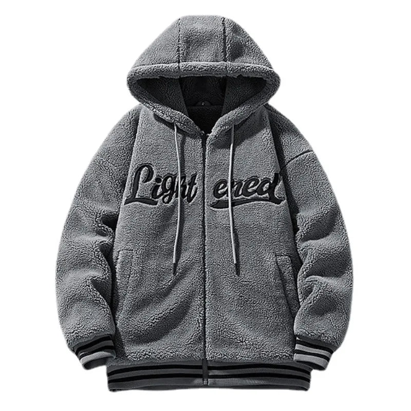 men fleece jackets and coats casual letter embroidery hairy zipper hooded outerwear warm streetwear parkas loose bomber jacket unique default style 3454