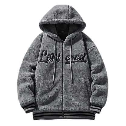 men fleece jackets and coats casual letter embroidery hairy zipper hooded outerwear warm streetwear parkas loose bomber jacket unique default style 3454