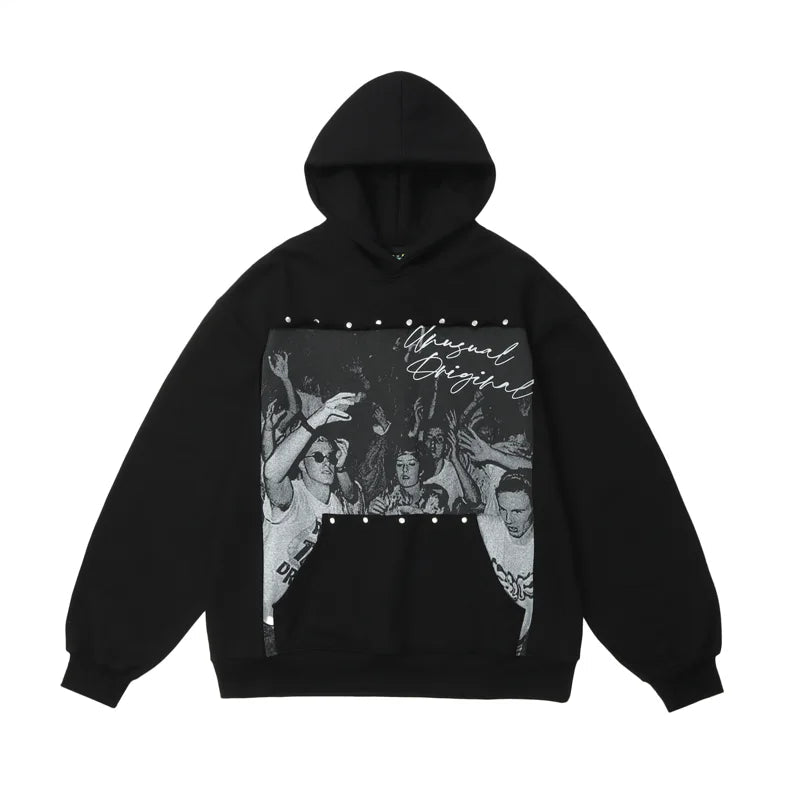 Fashion Punk Rivets Hoodies Pullover Hooded Sweatshirts Harajuku Women Streetwear Skateboard Casual Patchwork Tops Men Hoodies Street King Limited