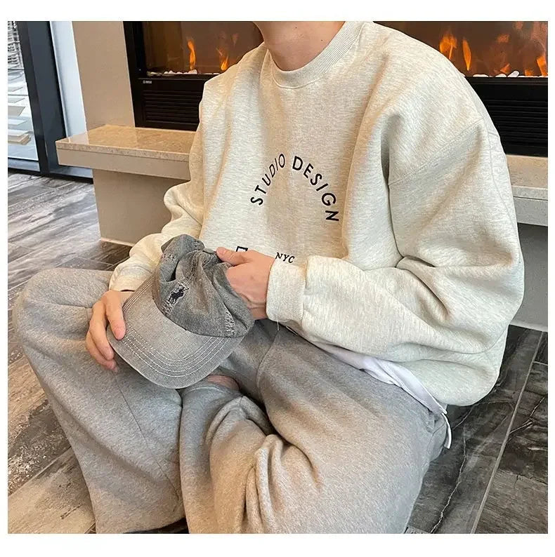 Cotton 2024 autumn and winter Korean style round neck sweatshirt men trendy brand handsome ins loose letter print top jacket emo Street King Limited