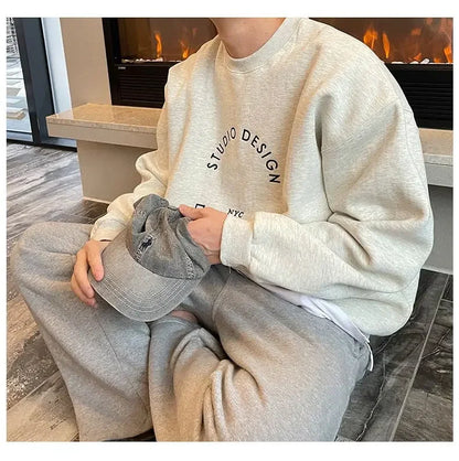 Cotton 2024 autumn and winter Korean style round neck sweatshirt men trendy brand handsome ins loose letter print top jacket emo Street King Limited