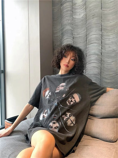 VTG Germany Rock Band Retro Portrait Print Washed Old Casual Oversize Cotton High-Street Tops T-Shirts Street King Limited