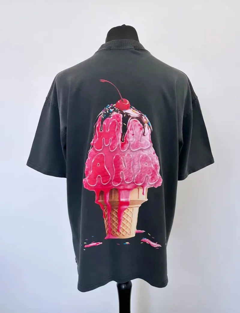 2024 summer new street style ice cream print short sleeve cotton T-shirt men Y2k top Gothic style Harajuku loose couple shirt Street King Limited