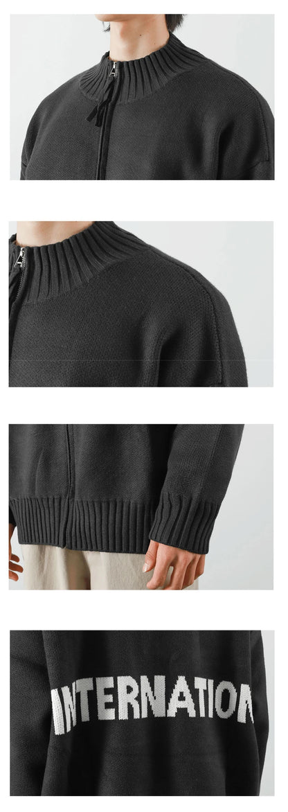 Autumn Solid Solor Zipper Cardigan For Men Letter Printed Crewneck Knitted Sweater Casual Loose Pull Homme Knitwear Jackets Street King Limited