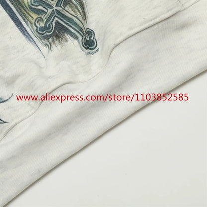 2024s Vintage Hoodie Sweatshirt Autumn/Winter High Street High Quality Cartoon Cross White Pigeon Print Oversize Tops Casual Street King Limited