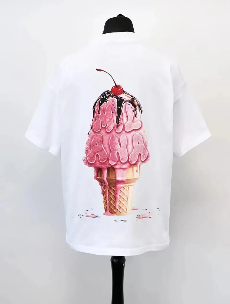 2024 summer new street style ice cream print short sleeve cotton T-shirt men Y2k top Gothic style Harajuku loose couple shirt Street King Limited