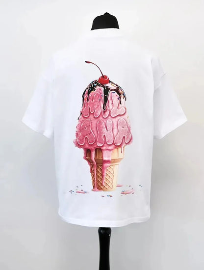 2024 summer new street style ice cream print short sleeve cotton T-shirt men Y2k top Gothic style Harajuku loose couple shirt Street King Limited