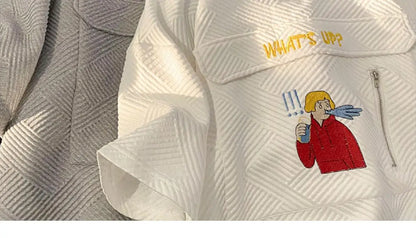 Korean waffle short-sleeved polo shirt with cartoon pattern summer jacquard collar t-shirt for men ins Hong Kong style loose top Street King Limited