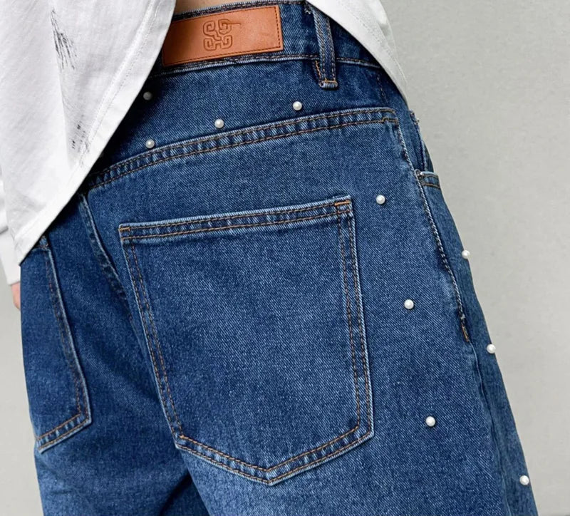 men bead streetwear fashion hip hop vibe loose casual wide leg straight denim jeans baggy pant man boyfriend jeans trousers unique jeans style 2872