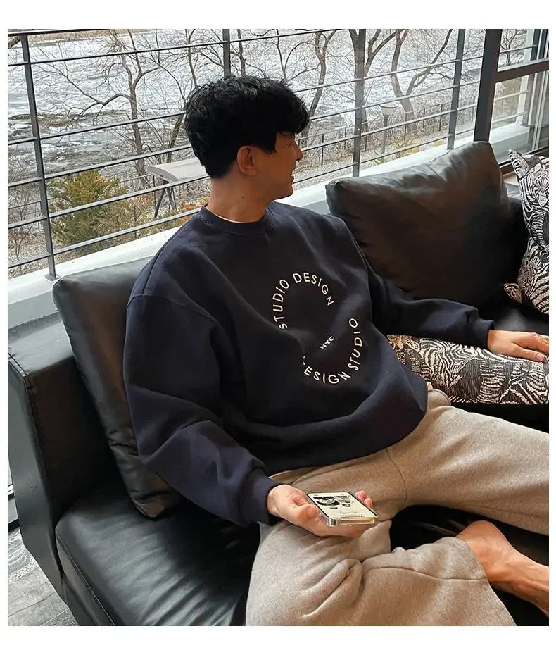 Cotton 2024 autumn and winter Korean style round neck sweatshirt men trendy brand handsome ins loose letter print top jacket emo Street King Limited