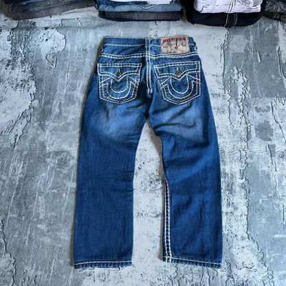true religion vintage hip hop street leisure denim pants y2k gothic fashion embroidered straight leg wide leg jeans men clothing unique jeans style 3766