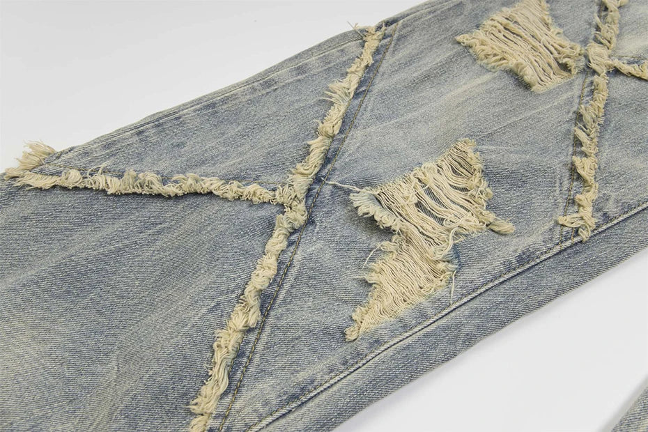vintage ripped patchwork baggy jeans mens streetwear hip hop loose blue jeans trousers y2k distressed straight denim pants man unique jeans style 4229