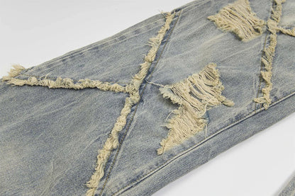 vintage ripped patchwork baggy jeans mens streetwear hip hop loose blue jeans trousers y2k distressed straight denim pants man unique jeans style 4229