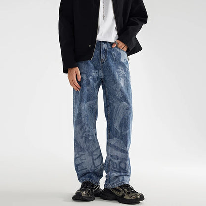 designer human printed denim jeans mens new casual zipper straight hip hop jeans streetwear baggy pants joggers graphic jeans urban active pants