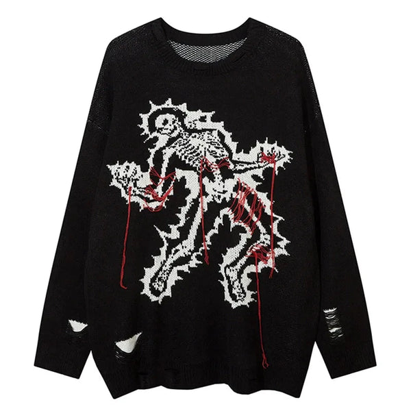 Men's Ripped Knitted Sweater Skull Pattern High Street Hip Hop Pullover Harajuku Fashion Casual Loose Jumper Oversized Thickened Street King Limited