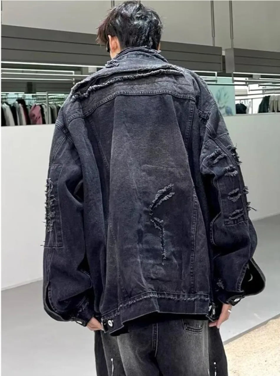 high street washed denim jacket mens trends new spring streetwear single breasted casual hip hop coats loose cowboy outwear unique jeans style 4004