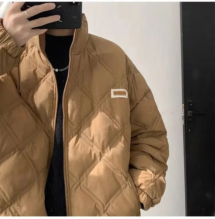 Winter personalized diamond grid cotton coat for men loose stand up collar trend for couples American loose retro casual top y2k Street King Limited