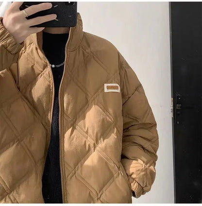 Winter personalized diamond grid cotton coat for men loose stand up collar trend for couples American loose retro casual top y2k Street King Limited