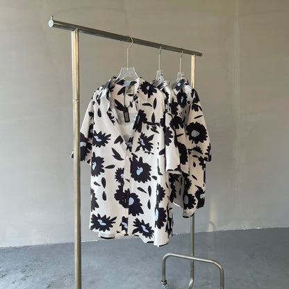 Summer 24SS Vintage Retro Black Flower Direct Print High-Street Casual Beach Style Quality Cold Short Sleeve Shirt Street King Limited