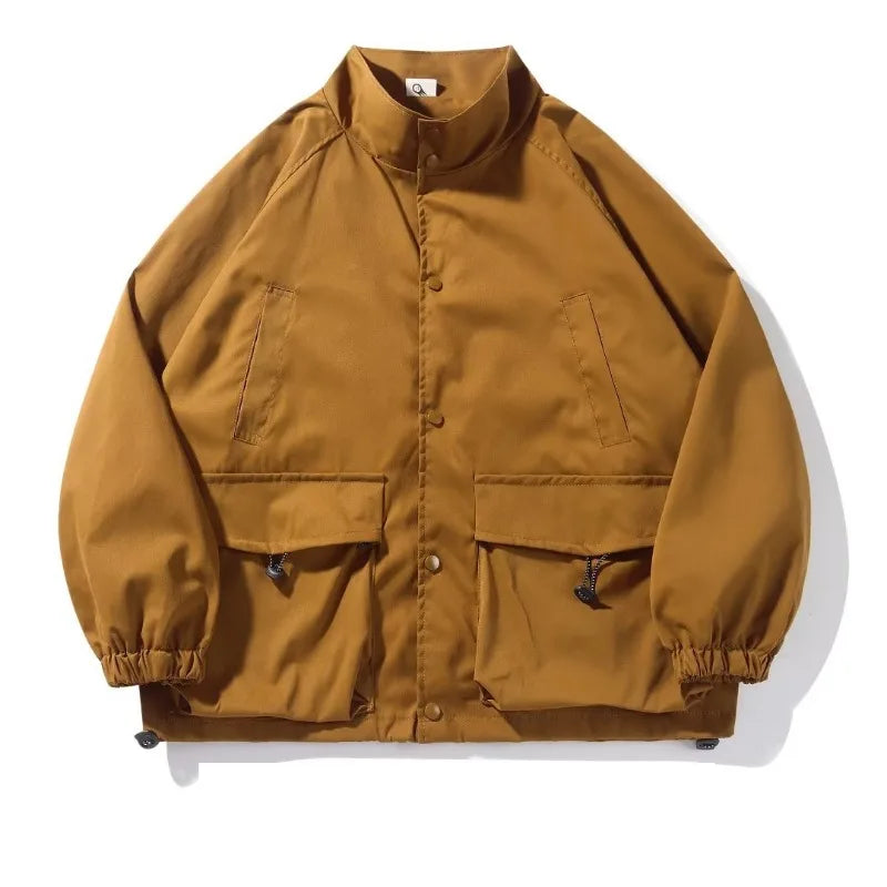 japanese spring jacket mens single breasted stand collar harajuku unisex coats solid big pocket drawstring casual men outwear unique default style 1892