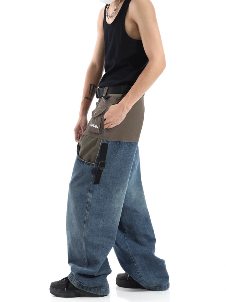 high street cargo pocket patchwork denim jeans pants unisex fashion loose wide leg straight functional tactics pants joggers men unique joggers style 733