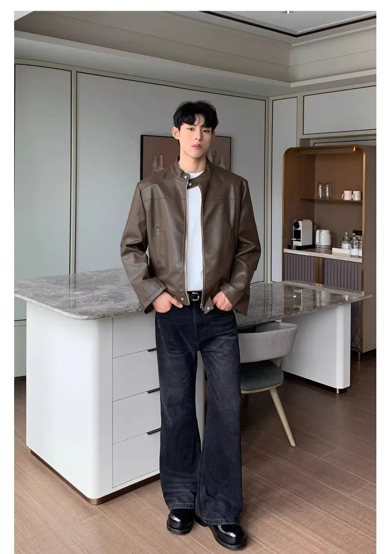 retro american street leather jacket mens autumn 2024 motorcycle standing collar trendy short coat zipper loose bomber outwear unique shorts style 2663
