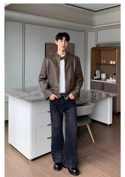 retro american street leather jacket mens autumn 2024 motorcycle standing collar trendy short coat zipper loose bomber outwear unique shorts style 2663