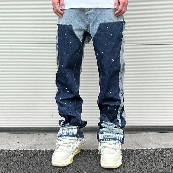 Streetwear Speckled Ink Color Match Y2K Baggy Jeans for Men Patchwork Rage Fringe Micro Denim Trousers Oversized Loose Cargos Street King Limited