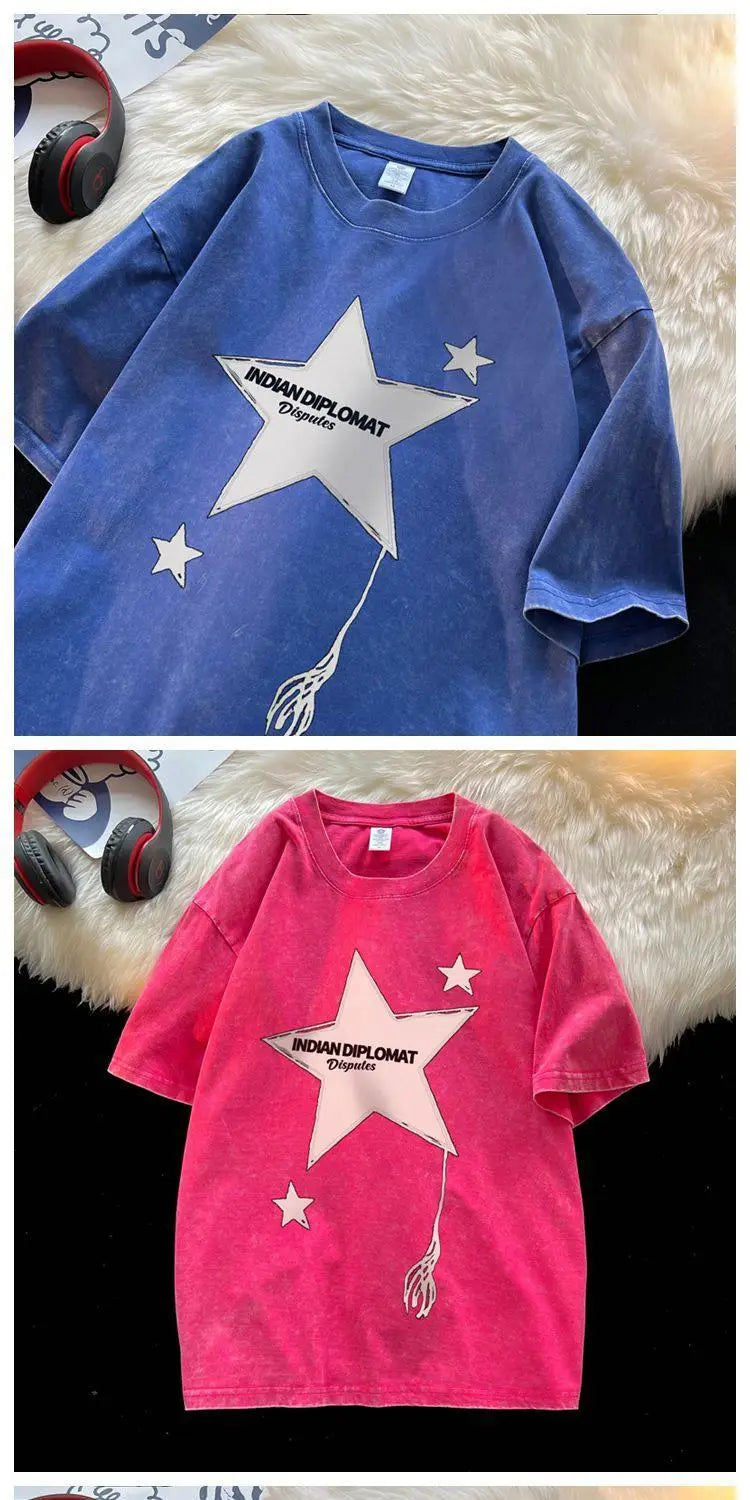 Five-pointed star American washed distressed short-sleeved T-shirt for men in summer loose heavyweight T-shirt trendy y2k tops Street King Limited
