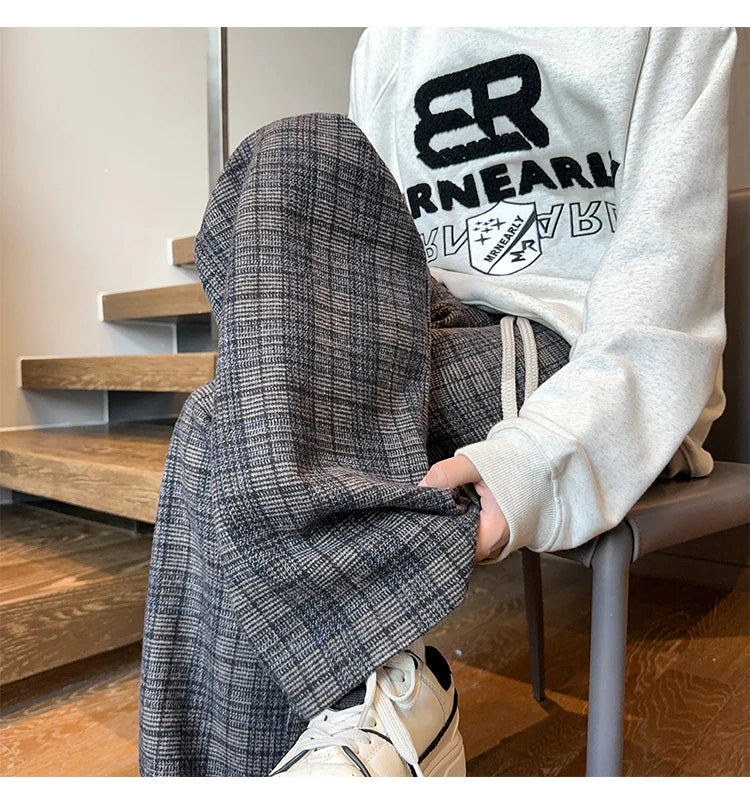 mens plaid pants baggy winter trendy fleece loose straight wide leg mopping trousers unisex thick velvet warm long pants unique default style 1113